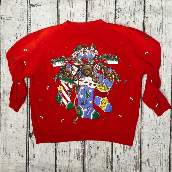 Vintage Holiday Time Christmas Bear Stockings 1980s Ugly Sweater Sweatshirt - Picture 1 of 8
